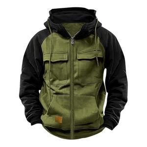 Chaqueta con capucha y cremallera con cuello levantado para hombre al por mayor RTS, ropa de calle con bloque de color y logotipo personalizado, abrigo informal con capucha multibolsillo - Product Image 5