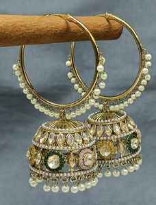 Pendientes Mehandi Hoop Zhumki Bali SKU-2189 E-1, Joyería Clásica para Bodas con Forma de Flor, Imitación de Rubí y Perla, Hechos de Latón - Product Image 5