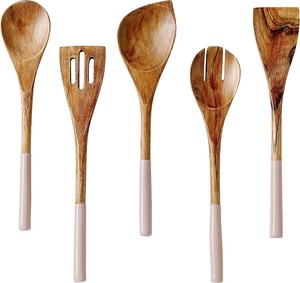 Juego de 5 utensilios de cocina de madera de Acacia para servir ensaladas, cubiertos, cuchara y tenedor, color rojo, estilo moderno, superventas - Product Image 3
