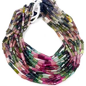 Cuentas de Turmalina Multicolor Natural en Forma de Tubo Facetado de 5x10-6x11 mm, Cuentas de Turmalina Tipo Tubo para la Fabricación de Joyas y Manualidades, Hilo de 14 Pulgadas - Product Image 1
