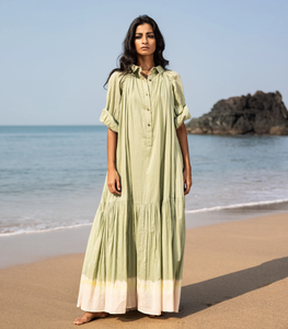 Vente en gros d'été femmes ample ajusté longue couleur unie col haut boutonné femmes longues robes maxi - Product Image 5