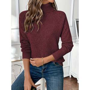 Pull en tricot décontracté pour femme avec col montant et motif brodé, doux et chaud pour l'automne, idéal pour le bureau - Product Image 1
