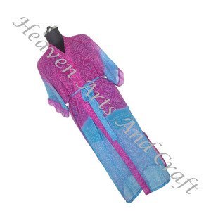 KL007 Vintage Seda Sari Manga Larga Vintage Sari Kimono Largo Boho Bata Vintage Kimono Largo Dama de Honor Vestido de Navidad - Product Image 3