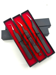 Revestimiento de polvo negro de aislamiento Punta plateada de 90 grados y pinzas de extensión de pestañas de corazón de lado trasero de 45 grados Herramientas de belleza - Product Image 3