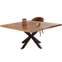 Table à manger en bois pour la maison, le bistrot, le café et le restaurant, avec plateau en bois de teck au design texturé, finition vieillie à la main, base en métal gris