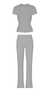 Custom 2 Piece <b>Crop</b> Shorts Sleeve T Shirts and Flared <b>Legging</b> Set Cotton Summer Ribbed Loungewear Women Loungewear Sets - Product Image 4