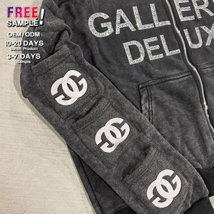 Sudadera con capucha de forro polar extragrande para hombre, personalizada, bordada con pedrería, con lavado ácido, cremallera, múltiples bolsillos, estilo vintage, de peso pesado, para invierno, efecto descolorido por el sol - Product Image 3