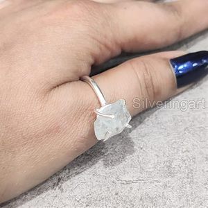 Anillo de Plata de Ley 925 con Piedra Preciosa de Aguamarina Natural, Anillo de Banda con Engaste de Puntas, Joyería Hecha a Mano para Navidad, Piedra de Nacimiento de Marzo - Product Image 1