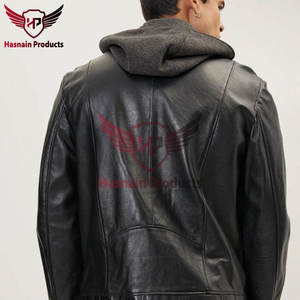แจ็กเก็ตหนังแท้พรีเมี่ยมสไตล์สตรีทสำหรับผู้ชายสีดำมีฮู้ดถอดออกได้มีสไตล์แจ๊กเก็ตฤดูหนาวเสร็จขนาด XS - Product Image 2