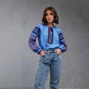 Ukrainien bleu coton lin avec broderie robe à manches longues pour les femmes élégant longue robe en plein air décontracté robe pour les femmes - Product Image 1