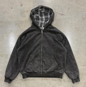 Chaqueta con Capucha Corta de Diseño Lavado Ácido, Doble Capa, Reversible, con Cierre y Estampado a Cuadros, Estilo Holgado para Hombre, Fabricada a Medida por Fabricantes de Ropa - Product Image 3