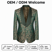 Costume de smoking homme de luxe coupe ajustée vert et or jacquard satiné à revers châle, 3 pièces (veste, gilet, pantalon) – Costume de mariage formel sur mesure