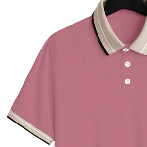 Camiseta de punto transpirable rosa para hombre, 220g, manga corta, cuello y puños en contraste, cierre de botones, corte regular, informal, para verano - Product Image 3