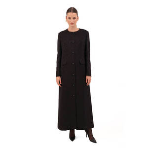 Manteau trench en cuir véritable noir jacquard pour femmes - Product Image 1