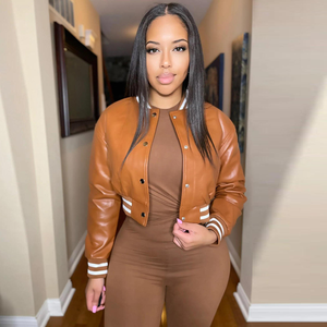 Chaqueta Universitaria Personalizada de Cuero Genuino Rojo a Cuadros, Cortavientos, Transpirable, para Mujer, Estilo Bomber, con Letras de Béisbol - Product Image 5