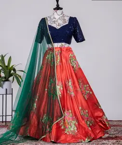 ชุดพื้นเมืองอินเดีย,ผ้าซาตินผ้าไหม Lehenga Choli สำหรับใส่ในงานเทศกาลและงานแต่งงาน