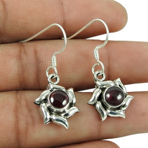 Natural <b>Red</b> Garnet Gemstone 925 Sterling Silver Flower Shape Dangle <b>Earrings</b> for Woman & Girls January Birthstone Jewelry India - Product Image 1