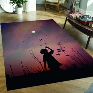 Tapis imprimé silhouette de fille et oiseaux en vol, tapis moderne pour salon, avec tapis doux à poils - Product Image 5