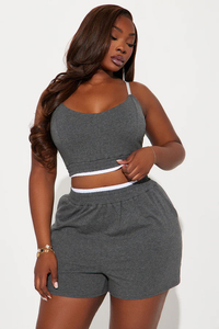 Short de salon gris taille haute pour femmes poches doux léger bas de gymnastique actif utilisation quotidienne ceinture élastique motif solide - Product Image 5