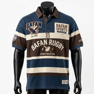 Chemises de rugby pour hommes en tissu mélangé coton de haute qualité, design à rayures bleu marine et marron, logo brodé personnalisé. - Product Image 6