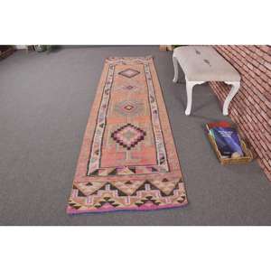 Alfombra Turca, Alfombra de Pasillo de 2.6x9.9 pies, Alfombra Vintage de Lana con Diseño Floral Naranja - Product Image 1