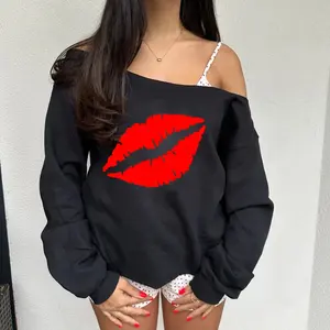 Sweat-shirt asymétrique Kiss Lips pour femme, style club sexy streetwear, imprimé en relief, brodé, en maille de soie, taille unique, léger - Product Image 1
