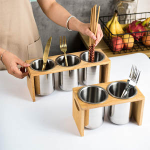 Tool Caddy Durable Silver Coated Metal Forma redonda Soporte de madera Perfecto para el hogar Restaurante Utensilios de cocina Vajilla Estante de almacenamiento - Product Image 3
