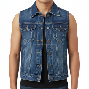 Gilet en jean délavé sur mesure pour homme, style rétro, bleu foncé, coupe ajustée, sans manches, avec détails brodés et doubles poches - Product Image 1