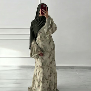 Abaya longue Loriya é<span class=keywords><strong>l</strong></span>égante en mousseline fluide à manches évasées et motif floral, collection été 2026, robe islamique modeste pour femme musulmane avec ceinture - Product Image 3