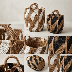 Natural Banana Bark Recycled <b>Plastic</b> <b>Basket</b> Set Spiral Wave Twist Open Lattice Arch Handle Pot Planter Decor Setup Pure Art Room - Product Image 2
