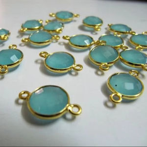 5 Pc Set-: Aqua Chalcedony <b>Coin</b> Shape Connectors Double Loop 10 mm to 11 mm, Briolette Bezel 24Kt Gold Plated - Product Image 1