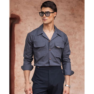 Chemise Homme Manches Longues Cosmic Gris Col Pointu Cuban - Product Image 1