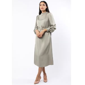 2024 robe de mode européenne et américaine OEM ODM manches longues solide Mono couleur femmes robe en Satin avec ceinture sur la taille - Product Image 2
