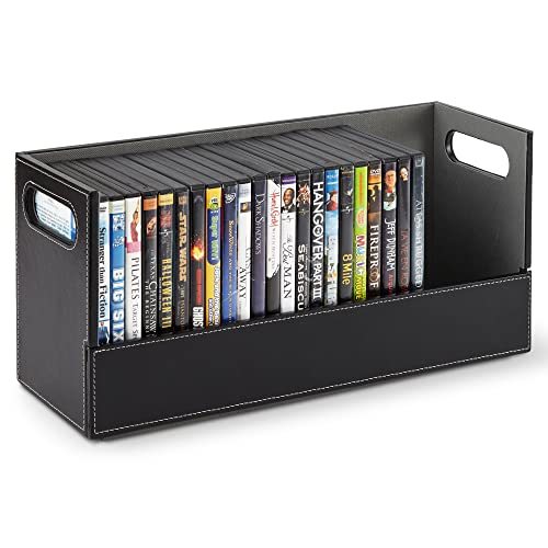 Faux Leather DVD Organizer Storage Box Vertical CD Video Game Holder Bin with Handle for Entertainment Room