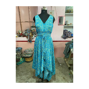 Vestido largo bohemio con estampado de Cachemira azul y verde Dobladillo asimétrico elegante Perfecto para festivales de verano Ropa informal - Product Image 1