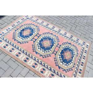 Alfombra Turca Vintage, Alfombra de 4.1x6.1 pies, Alfombra Floral Azul y Roja - Product Image 4