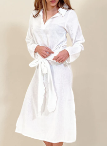 เดรสลำลองคอปกสูงผ้าลินินชุดชายหาดยาวสีทึบมีเข็มขัดตรงกลางเดรสแบบตะวันตก - Product Image 2