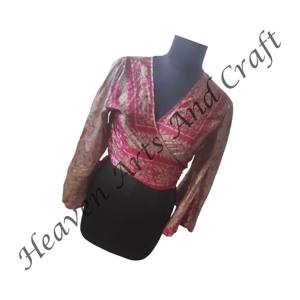 Nouveau Style imprimé fleuri Sari soie haut court à manches longues ventre cravate avant haut pour les femmes jambe de mouton manches taille libre cloche manches - Product Image 2