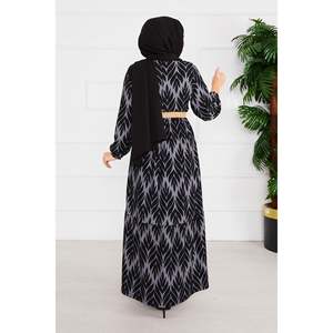 Vestido Hijab de crepé gris con cinturón con un modesto patrón de palmera - Product Image 2