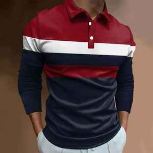 Polo à manches longues pour homme Polo slim décontracté avec revers et contraste de couleur à base micro élastique Chemise en coton pour homme - Product Image 1