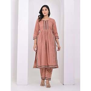 Peach Cotton Pant Set <b>Block</b> <b>Printed</b> Salwar Kameez - Product Image 1