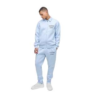 Ensemble de survêtement pour homme Activewear Bleu clair Coupe régulière LOGO personnalisé Veste Harrington et pantalon de jogging en tissu Scoba collé Vêtements d'entraînement Vestes - Product Image 1