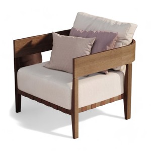 Fauteuil lounge en bois de teck entièrement rembourré Finition naturelle Accents en cuir cousu pour salle à manger Canapés de jardin Patio Extérieur - Product Image 1