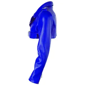 Veste en cuir de motard élégante bleue pour femme Longueur courte Design court Fermeture à glissière asymétrique Élégant pour l'automne Respirant - Product Image 2