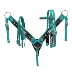 Harnais de spectacle western en cuir véritable de qualité supérieure, turquoise, avec franges et design croisé, léger et durable - Product Image 1
