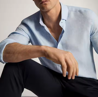 Chemise habillée décontractée pour homme, bleu clair, 100 % coton Oxford, col en V, manches longues, coupe classique, unie, infroissable, sans repassage