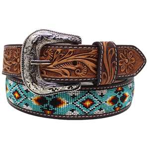 Ceinture décontractée de style occidental de luxe faite à la main en cuir de vache véritable avec broderie florale perlée et boucle en cuivre - Product Image 1