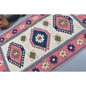Tapis Kilim turc vintage grand 3.9x6 pieds rose bleu Patchwork Design laine jonc de mer support en Latex pour décor de chambre de couloir - Product Image 5