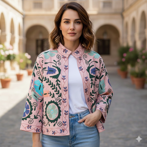 Chaqueta de Mujer con Bordado Suzani, Cortavientos Corto de Invierno y Otoño, Abrigo Vaquero con un Solo Botón para Jeans - Product Image 1