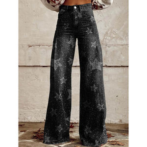 Celana kaki lebar wanita ukuran Plus, celana panjang Denim Bell-Bottoms motif Transfer panas 3D gaya baru - Product Image 3